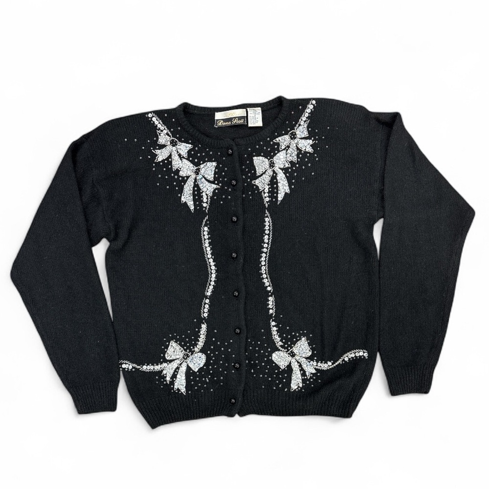 VTG Dana Scott Cardigan Christmas Sweater Black Silk Wool Angora Blend Women’s M - Picture 3 of 14